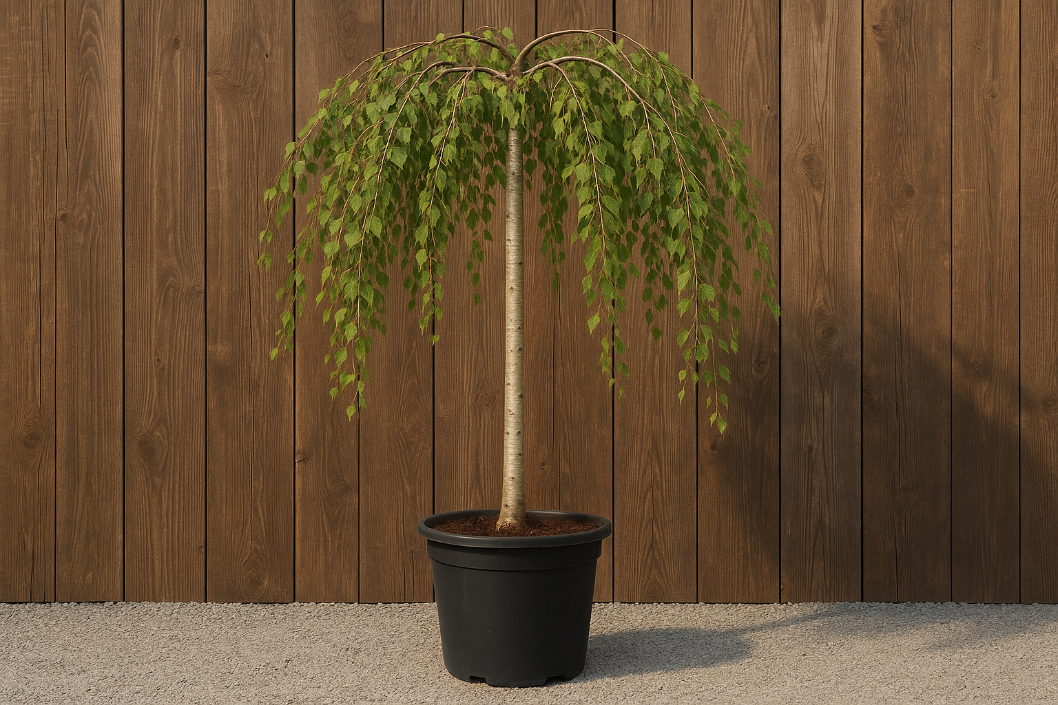 A photorealistic product photo of Betlua penula 'youngii' Halbstamm STH 150cm STU 8/10 in a black plastic pot, placed on light grey gravel ground, in front of a rustic brown wooden fence. Natural outdoor lighting, high resolution, realistic details, DSLR style photography.